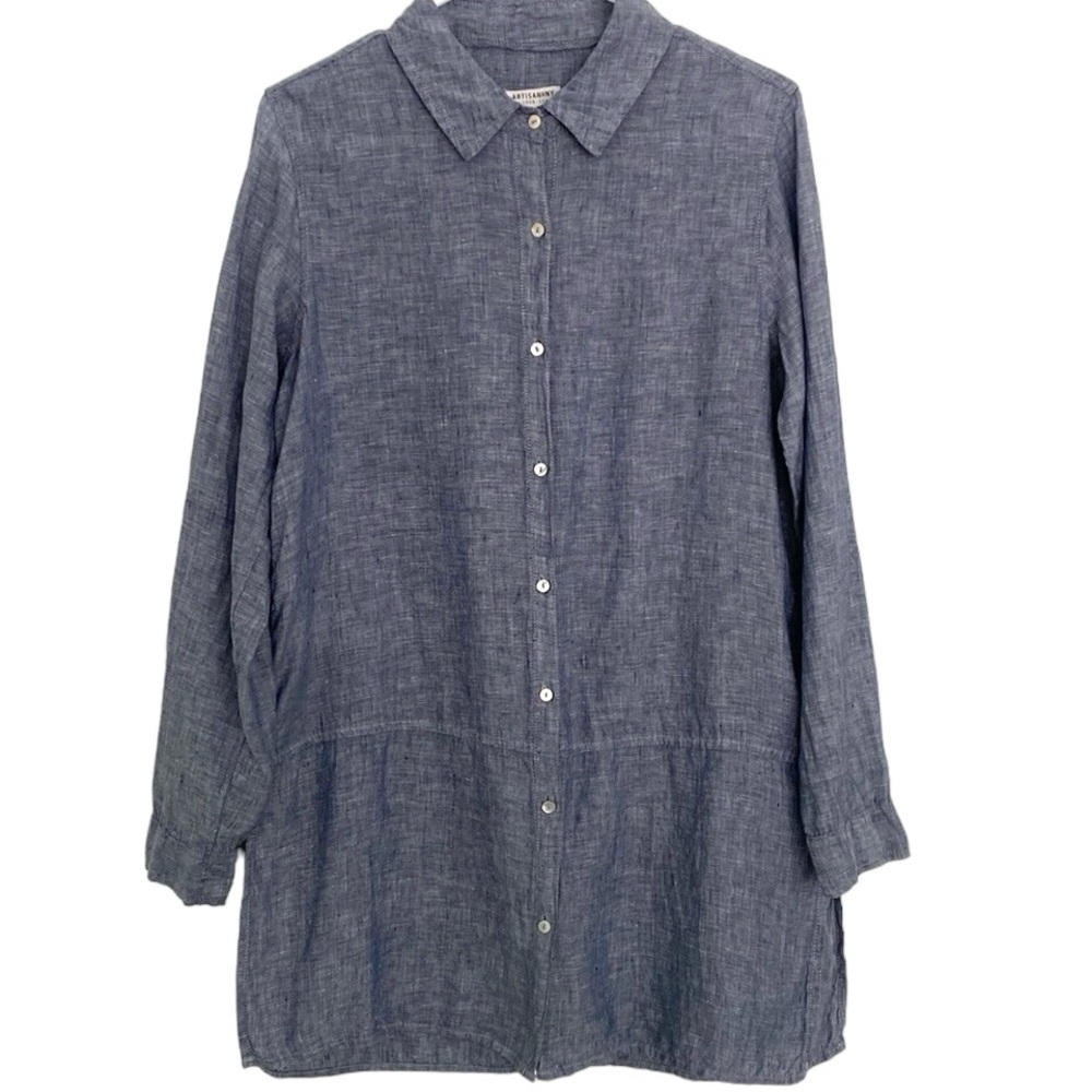 Artisan NY 100% Linen Blue Convertible Sleeve Button Down Shirt